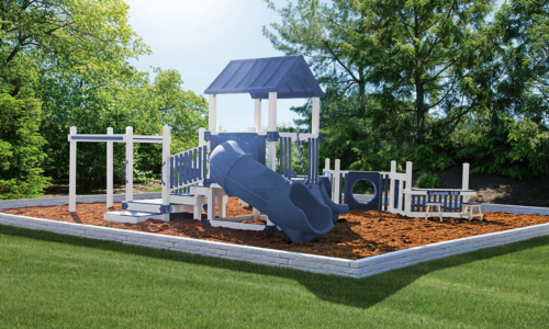 a commercial playset in a park for an organization
