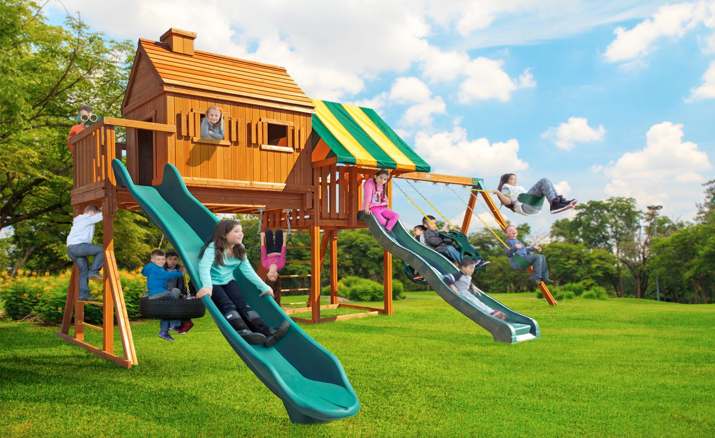 swing set with tree house