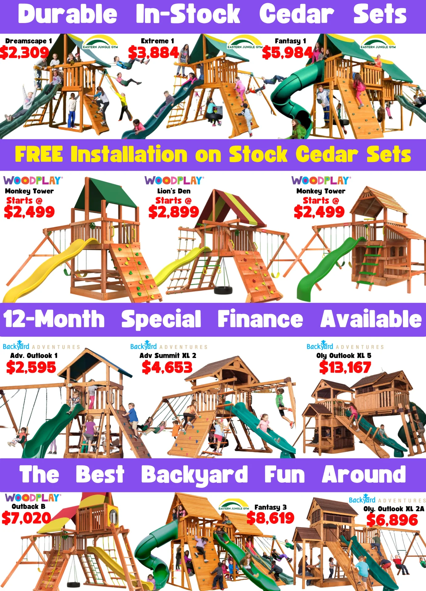 Durable in-stock cedar swing sets featuring various models like Dreamscape 1 and Extreme 1, showcasing pricing and promotional offers for outdoor play equipment.