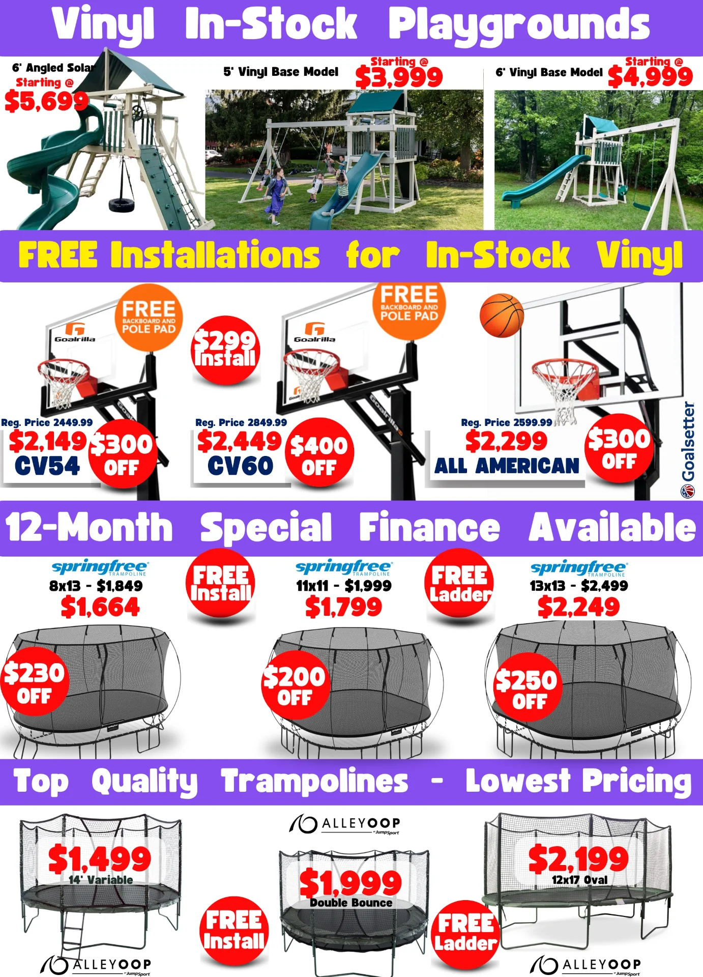 Promotional banner displaying in-stock vinyl playgrounds, basketball systems, and trampolines with pricing, discounts, and free installation offers from Swingset Warehouse.